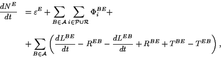 \begin{displaymath}
\begin{array}{ll}\displaystyle
{dN^E\over dt}&\displaystyle...
...L^{EB}\over dt}+
R^{BE} + T^{BE} -T^{EB}\right),
\end{array}\end{displaymath}